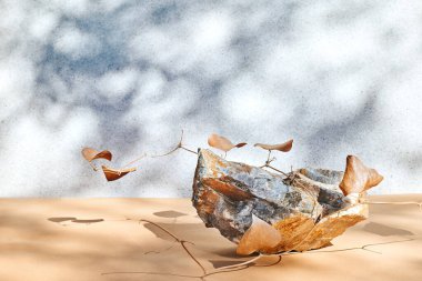 Podyum olarak beyaz taş ışık pastel yüzeyinde ürün sunumu için gölgelerle sergilenir. Yaya tezgahı. Kozmetik veya eko güzellik ürünü tanıtım modası minimalist modelleme.