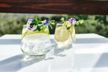 Yenilebilir nonoş çiçekli buzlu limonata, limon ve mayran. Tazeleyici yaz içeceği. Sağlıklı organik yaz gazozu. Detoks suyu. Diyet alkolsüz kuyruk kuyruğu.