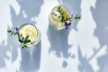 Yenilebilir nonoş çiçekli buzlu limonata, limon ve mayran. Tazeleyici yaz içeceği. Sağlıklı organik yaz gazozu. Detoks suyu. Diyet alkolsüz kuyruk kuyruğu.