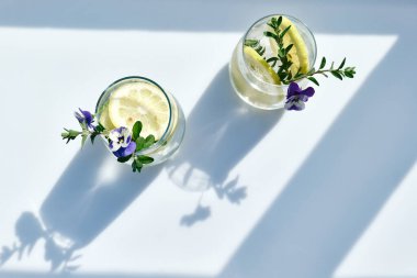 Yenilebilir nonoş çiçekli buzlu limonata, limon ve mayran. Tazeleyici yaz içeceği. Sağlıklı organik yaz gazozu. Detoks suyu. Diyet alkolsüz kuyruk kuyruğu.