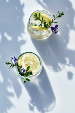 Yenilebilir nonoş çiçekli buzlu limonata, limon ve mayran. Tazeleyici yaz içeceği. Sağlıklı organik yaz gazozu. Detoks suyu. Diyet alkolsüz kuyruk kuyruğu.