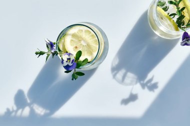 Yenilebilir nonoş çiçekli buzlu limonata, limon ve mayran. Tazeleyici yaz içeceği. Sağlıklı organik yaz gazozu. Detoks suyu. Diyet alkolsüz kuyruk kuyruğu.