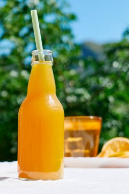 Soğuk yaz içkisi. Bahçedeki masada pipet içerek taze portakal suyunu şişelerde tazeliyorum..