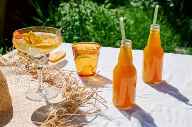 Soğuk yaz içkisi. Bahçedeki masada pipet içerek taze portakal suyunu şişelerde tazeliyorum..