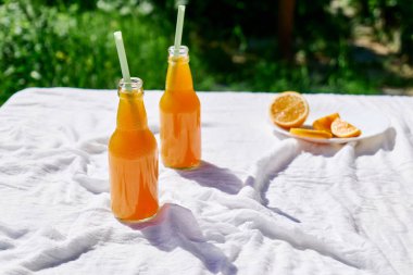 Soğuk yaz içkisi. Bahçedeki masada pipet içerek taze portakal suyunu şişelerde tazeliyorum..