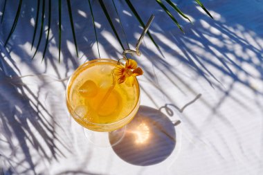 Bahçedeki masada serinletici portakallı gazoz içeceği. Portakal dilimli buzlu limonata..