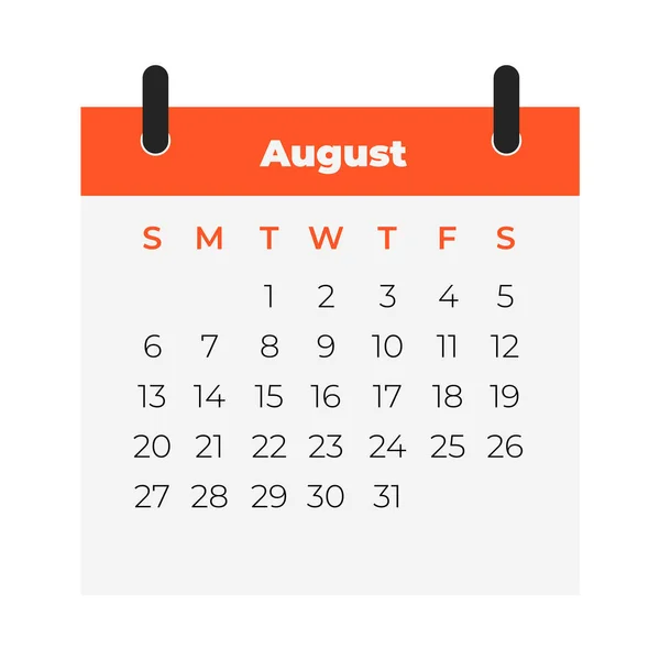 Calendário Agosto 2023 Ícone Calendário Estilo Plano —  Vetores de Stock