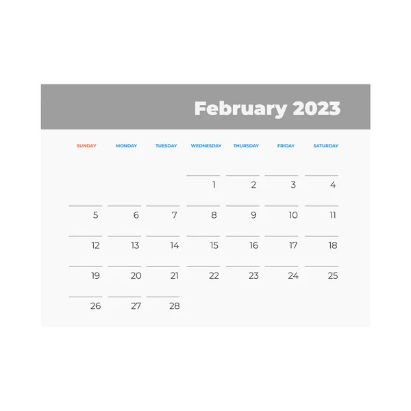 Ημερολόγιο Φεβρουαρίου 2023 Εικόνα Ημερολογίου Επίπεδο Στυλ — Διανυσματικό Αρχείο