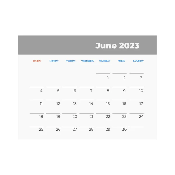 Ημερολόγιο Ιουνίου 2023 Εικόνα Ημερολογίου Επίπεδο Στυλ — Διανυσματικό Αρχείο
