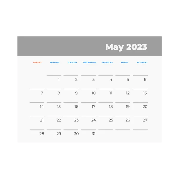 Ημερολόγιο Μαΐου 2023 Εικόνα Ημερολογίου Επίπεδο Στυλ — Διανυσματικό Αρχείο