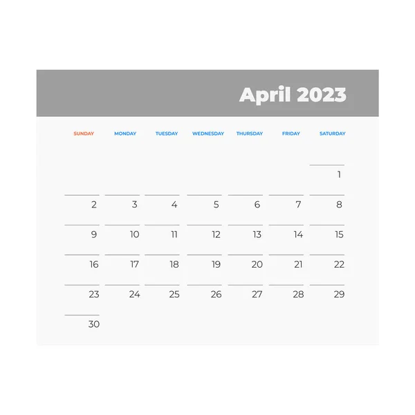 Ημερολόγιο Απριλίου 2023 Εικόνα Ημερολογίου Επίπεδο Στυλ — Διανυσματικό Αρχείο