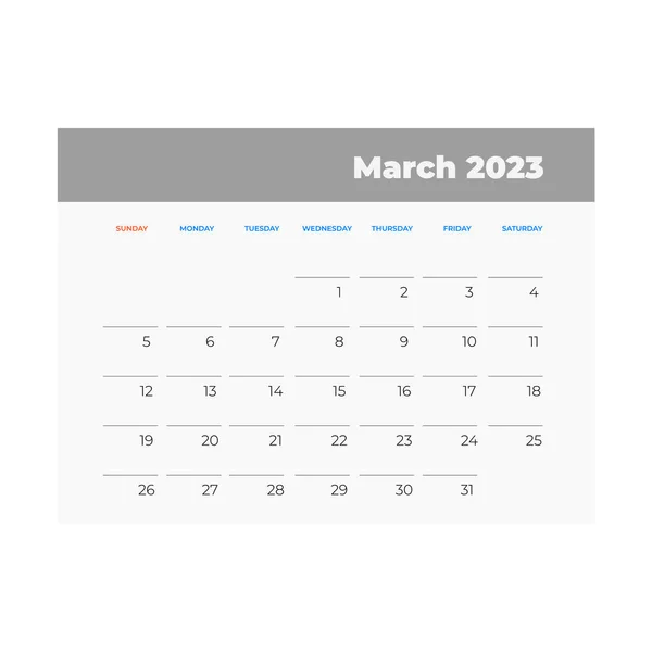 Ημερολόγιο Μαρτίου 2023 Εικόνα Ημερολογίου Επίπεδο Στυλ — Διανυσματικό Αρχείο