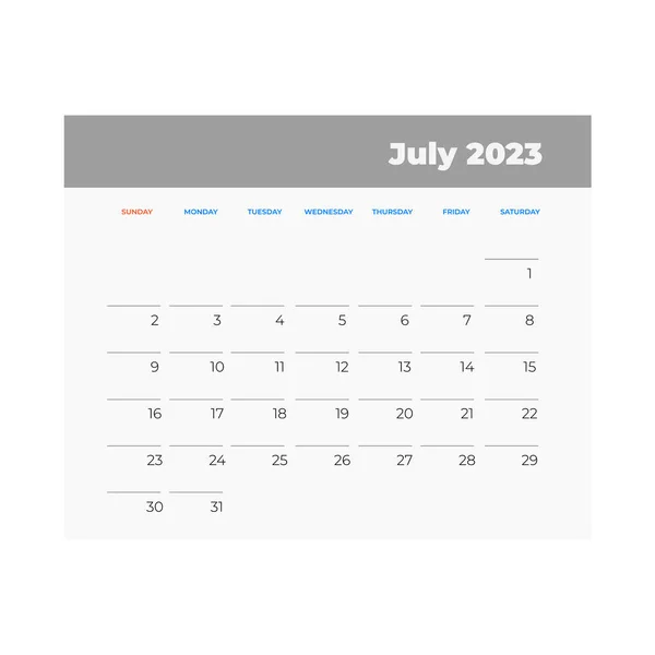 Ημερολόγιο Ιουλίου 2023 Εικόνα Ημερολογίου Επίπεδο Στυλ — Διανυσματικό Αρχείο