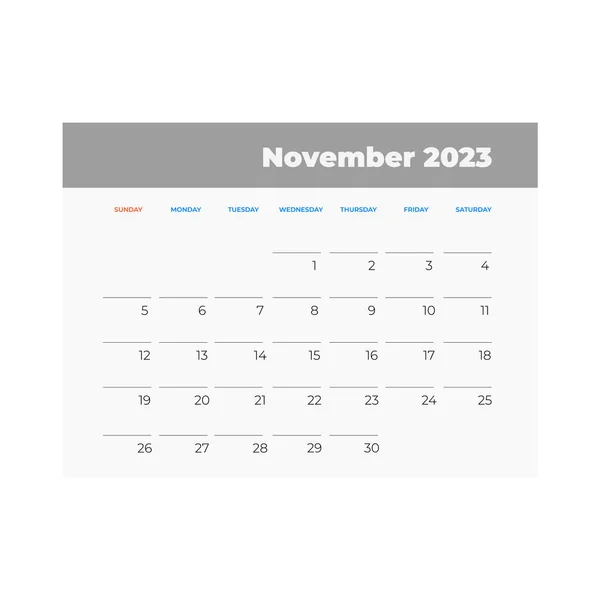 Ημερολόγιο Νοεμβρίου 2023 Εικόνα Ημερολογίου Επίπεδο Στυλ — Διανυσματικό Αρχείο