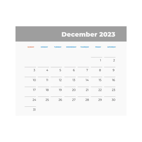 Ημερολόγιο Δεκεμβρίου 2023 Εικόνα Ημερολογίου Επίπεδο Στυλ — Διανυσματικό Αρχείο