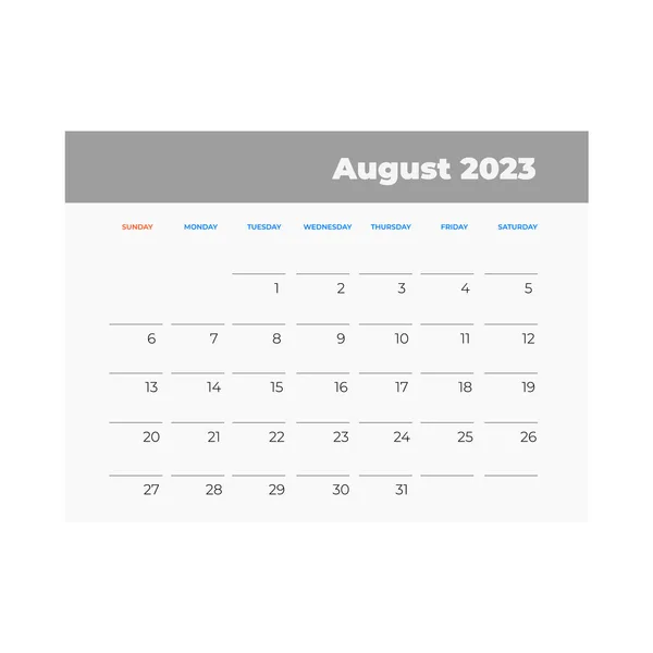 Augusti Kalender 2023 Kalenderikonen Platt Stil — Stock vektor