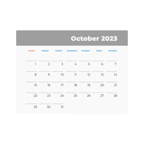 Ημερολόγιο Οκτωβρίου 2023 Εικόνα Ημερολογίου Επίπεδο Στυλ — Διανυσματικό Αρχείο