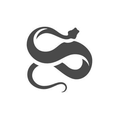 Yılan tehlikeli sürüngen orman hayvanı kuyruk kıvrımlı siyah tek renkli siluet ikon vektör çizimi. Egzotik zehirli yılan zehri vahşi karakter maskotu orman hayvanat bahçesi minimalist logosu