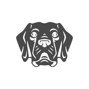 Köpek ağızlıklı yavru köpek surat portresi tek renkli ikon vektör illüstrasyonu. Köpek bakımevi köpek besleme minimalist siyah siluet hayvan arkadaş memeli karakter hayvan kafası amblem logo tasarımı