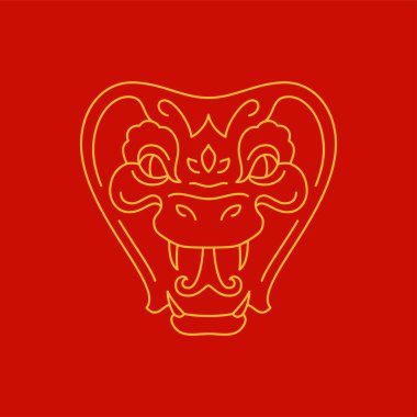Yılan kızgın ağızlık başı Çin Yeni Yıl tek renkli altın çizgi ikon vektör illüstrasyonu. Sürüngen kobra portresi ve dil Asya burcu halk kültürü maskotu sembolü Doğu astrolojisi burç logosu