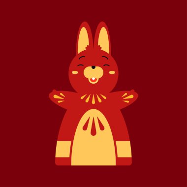 2023 Çin Yeni Yılı Tavşan Süsleme Asya hayvan maskotu vektör düz çizim. Asya Zodyak geleneksel zenginlik sembolü kırmızı gülen tavşan pençeleri açık doğu kültürü