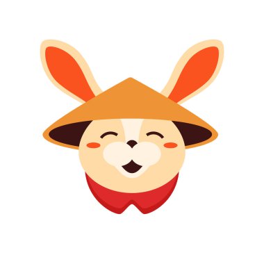 Çin Yeni Yılı 2023 ikon vektör düz resimleme külah şapkalı mutlu tavşan ağızlığı. Gülümseyen Asyalı tavşan baş ay takvimi Doğu sembolü Paskalya etnik ulusal kostüm bayramı logosu kutlaması