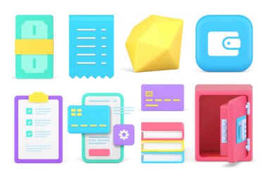 İş bankacılığı ticari ödemeler online akıllı telefon uygulaması 3d gerçekçi vektör illüstrasyonunu ayarladı. Finans ekonomisi tasarruf yatırım depolama zenginliği yapılacaklar listesi için parlak fatura notu