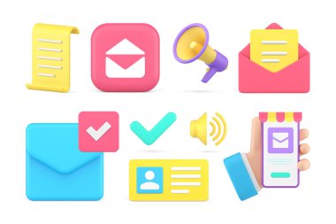 İnternet pazarlaması çevrimiçi iletişim sosyal medya bildirimi 3d ikon gerçekçi vektör illüstrasyonunu ayarladı. Siber uzay alışveriş satış reklamları yeni gelen mesaj bülteni zarfları sohbeti