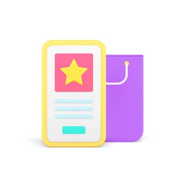 Çevrimiçi alışveriş akıllı telefonu sosyal medya ürünleri İnternet siparişi 3d gerçekçi vektör illüstrasyonu satın aldı. Cep telefonu ticari pazar dağıtım perakende satış servisi dijital teknolojisi