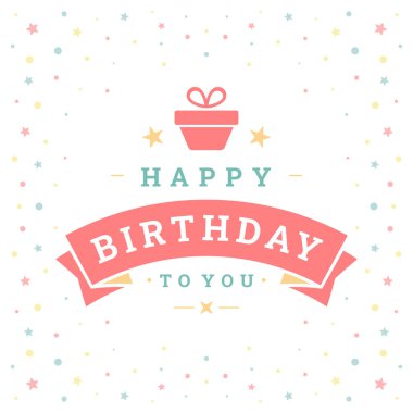 Mutlu yıllar, hediye paketi klasik kurdele tebrik kartı tipografik şablon düz çizimi. Doğum yıldönümü bayramını tebrik ederim. Renkli noktalar, dekorasyon yıldızları.