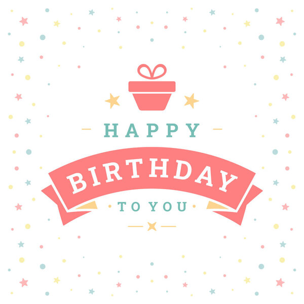 Поздравление с днем рождения коробка подарок пакет винтажные ленты поздравительные открытки типографические шаблоны векторные плоские иллюстрации. Праздник рождения праздничные поздравления Цветные точки звезды украшают дизайн декора
