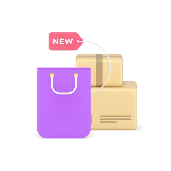 ショッピングバッグ商品新しいコレクションビジネス小売商業オファーマーケティングプロモーション3Dアイコン現実的なベクターイラスト 店の広告の段ボール箱は商品のパッケージの消費者主義を購入します ストックベクター