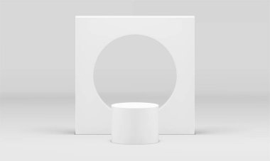 Pedestal geometrik 3d sahne beyaz silindir temel duvar yuvarlak delik gerçekçi vektör illüstrasyonu. Podyum inşaat sahnesi ürün perakende pazarlama reklam tasarımı