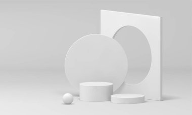 Beyaz 3d podyum geometrik temel silindir seviyesinde sahne dikey duvar deliği gerçekçi vektör illüstrasyonudur. Pedestal yapım dairesi sahne stüdyosu arka plan minimal dekor tasarımı