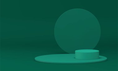 Silindir şeklindeki kaidesel yeşil temel duvar galerisi 3D tasarım gerçekçi vektör illüstrasyonu. Etkinlik ürünleri reklam ödülleri yarışması için podyum yuvarlak inşaat geometrik sahnesi