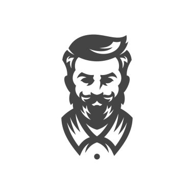 Berber dükkanı erkek güzellik salonu hipster eski moda kuaför klasik ikon vektör çizimi. Berber dükkanındaki adam bıyıklı, saç stili tek renkli siyah logo kuaförü.