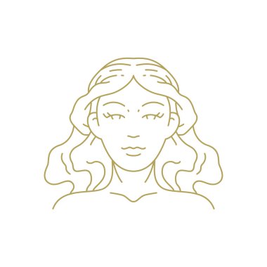 Güzel kadın portresi zarif uzun saçlı kozmetoloji kuaför çizgisi sanat deco vintage logo vektör çizimi. Moda kadınının yüzü romantik kozmetik makyaj salonunun kuaför salonu ikonu