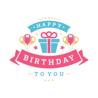 Mutlu yıllar, hava balonu klasik tebrik kartı tipografik şablon vektör düz çizimi. Doğum günü kutlamaları hediye paketi pembe kurdele tasarımı.