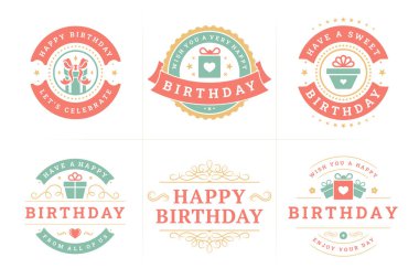 Doğum günün kutlu olsun. Kutlama kartı tasarımı için kullanılan klasik amblem rozetin kutlu olsun. Doğum yıldönümü kırmızı şenlik kutlamaları altın lüks kavisli antika süsleri