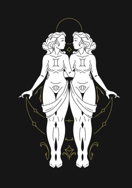 Gemini kadın zodyak sembolü antik tanrıça astroloji gökyüzü çizgisi sanat deco vektör çizimi. Dişi ikizler antik mitoloji yıldız burcu astral ay takvimi ruhani moda sanat eserleri