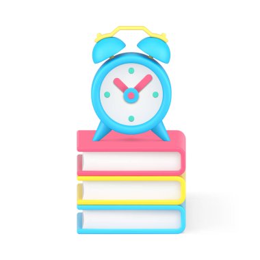 Kitap okuma zamanı akademik eğitim bilgisi bilgelik 3 boyutlu gerçekçi vektör illüstrasyonu. Saat edebiyatı, ders kitabı, edebiyat hobisi üzerine ilginç bilgiler.