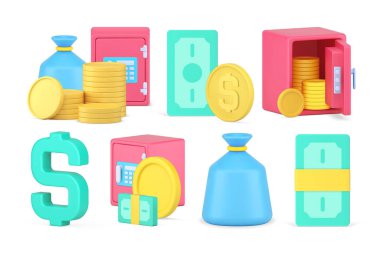 Bankacılık nakit para güvenli depolama koruyucu zengin güvenli yatırım 3D ikon gerçekçi vektör illüstrasyonunu ayarladı. Ticari banknot. Tasarruf koruması. Kilitli metal bir kap.