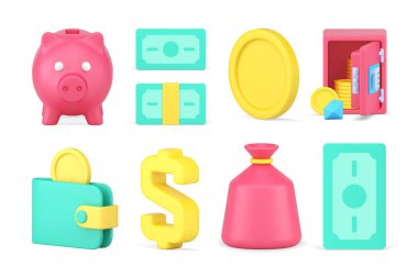 Para nakit tasarrufu yatırım kazanç bankacılık güvenli depolama 3d ikon gerçekçi vektör illüstrasyon set. Para kazancı ticari ekonomi hazine domuz kesesi cüzdanı
