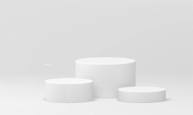 3d podyum beyazı silindir düzeyinde yarışma ödülü alan yarışma başarısı gerçekçi vektör illüstrasyonunu kutluyor. Pedestal temel dayanak üç yuvarlak merdiven inşaatı boş platform