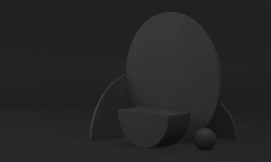 Siyah 3d podyum geometrik platform gösteri dizaynı dengesiz yarım daire temel çember duvar gerçekçi vektör çizimi. Pedestal temel inşaat ürünü tanıtım stüdyosu arka planı