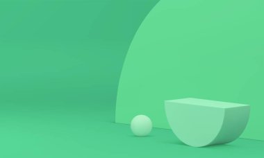 Yeşil 3d podyum sergisi geometrik minimalist tasarım yarım daire küre şekilli gerçekçi vektör çizimi. Pedestal ürün premium sunum dekoru elementinin temel temelini gösterir