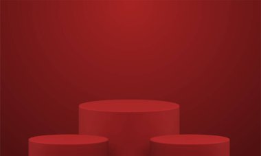 3d podyum kırmızı yuvarlak yapım. Asgari ödül arenası gerçekçi vektör illüstrasyonu. Pedestal temel temel mimari sahne geometrik platform ürün tasarımı sergi odası