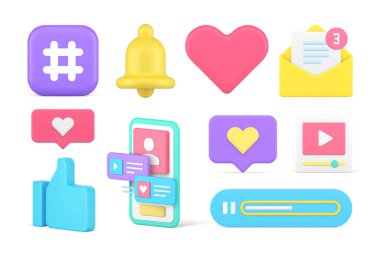 Sosyal medya iletişimi dijital ağ sohbeti akıllı telefon uygulaması 3d gerçekçi vektör illüstrasyonunu ayarladı. Hashtag iletisi uyarı video oynatma düğmesi uyarısı gibi sanal uzay içeriği etkileşimi