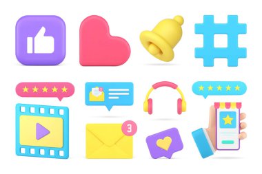 Çevrimiçi sohbet sosyal medya ağı uyarısı siber uzay eğlence içeriği uyarısı 3d gerçekçi vektör illüstrasyonunu ayarladı. Hızlı gözden geçirme uygulaması gibi internet iletişim hashtag iletisi