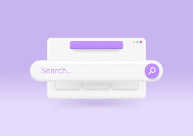 İnternet arama çubuğu alan penceresi taraması web sitesi bilgi keşfi 3d gerçekçi vektör illüstrasyonu. Çevrimiçi gezinme menüsü küresel veri SEO optimizasyon siber uzay araştırması